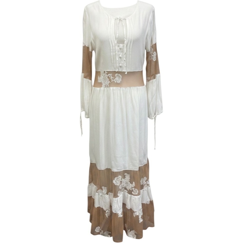 For Love & Lemons Cream‎ Lace Mesh Tiered Boho Midi Dress Medium NEW